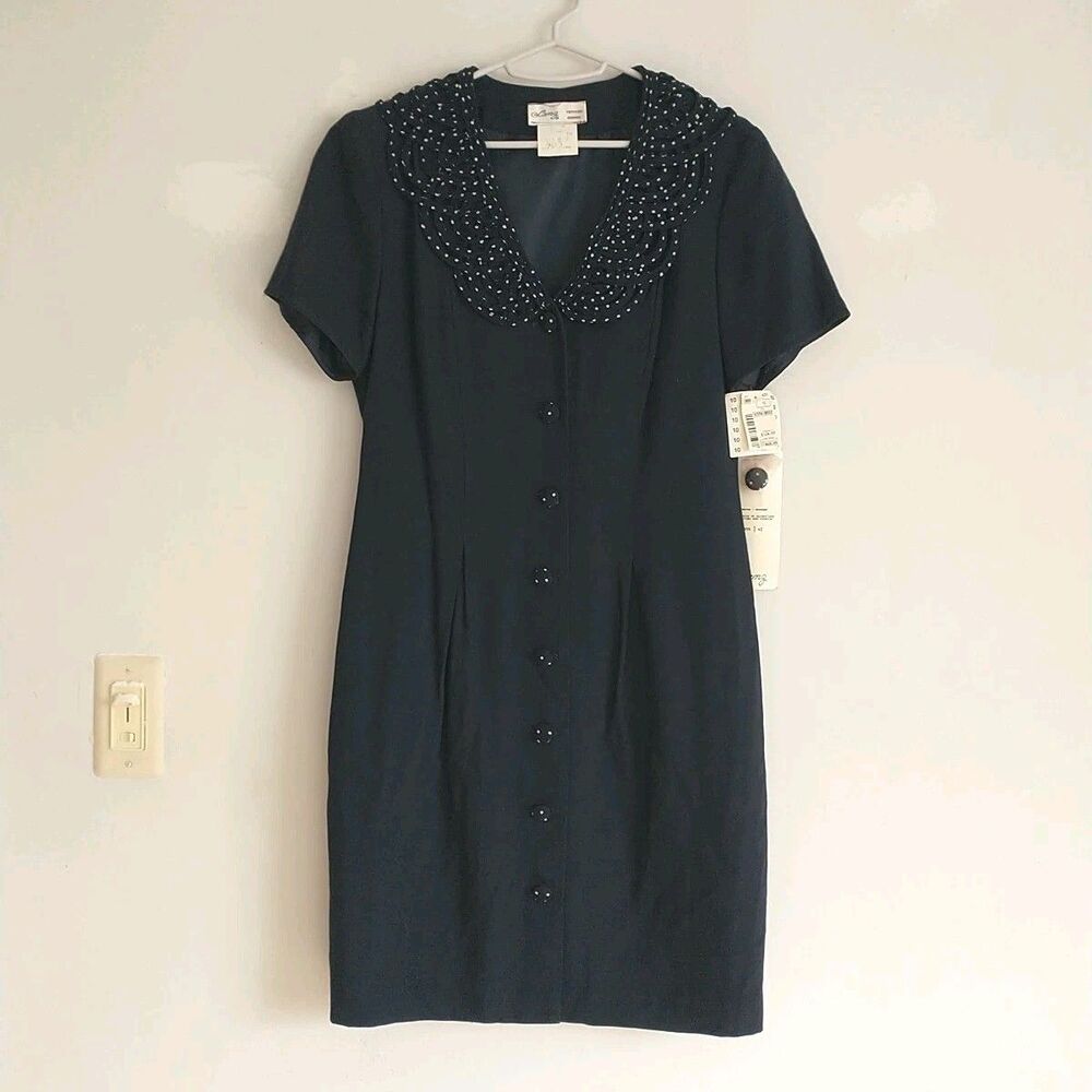 Vtg Lanz Originals Sheath Dress 10P Blue Swiss Dot Retro Peter Pan Collar Button